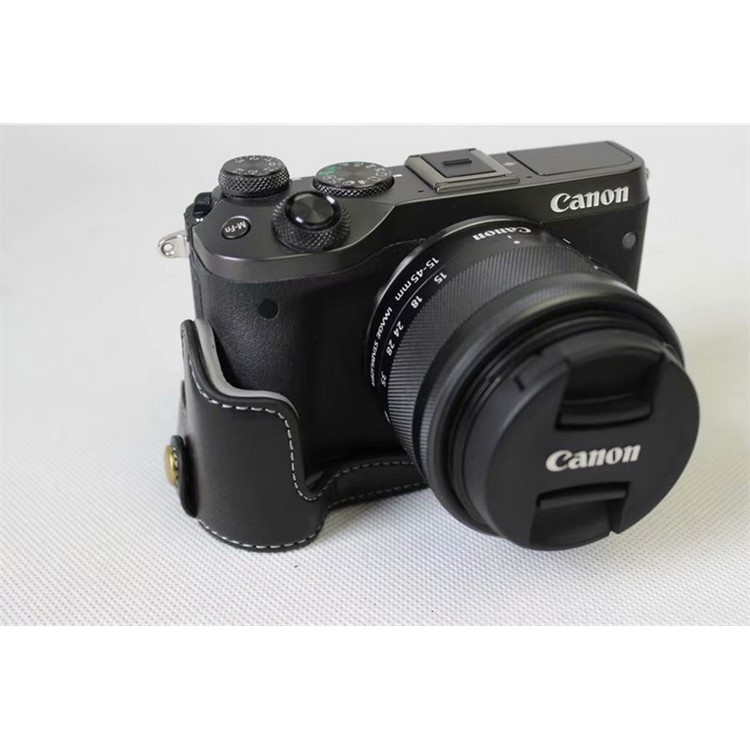 Genuine Cowhide Leather Half Protective Bag for Canon EOS M6 Digital Camera - Black-2