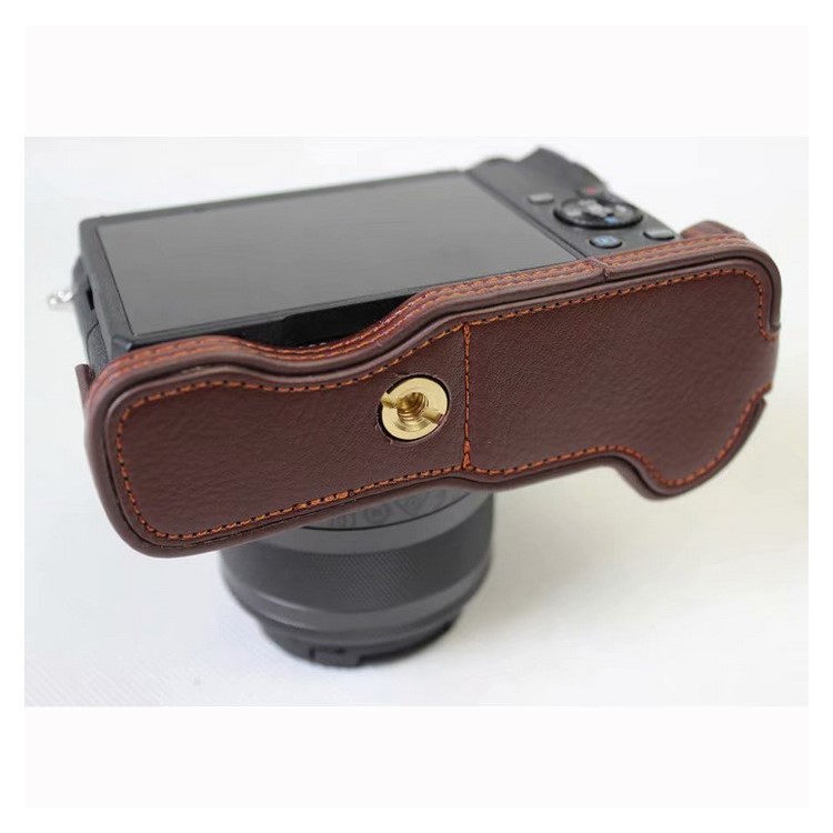 Genuine Cowhide Leather Half Bag Pouch for Canon EOS M6 Digital Camera - Coffee-1