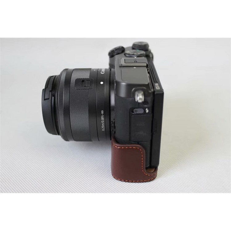 Genuine Cowhide Leather Half Bag Pouch for Canon EOS M6 Digital Camera - Coffee-5