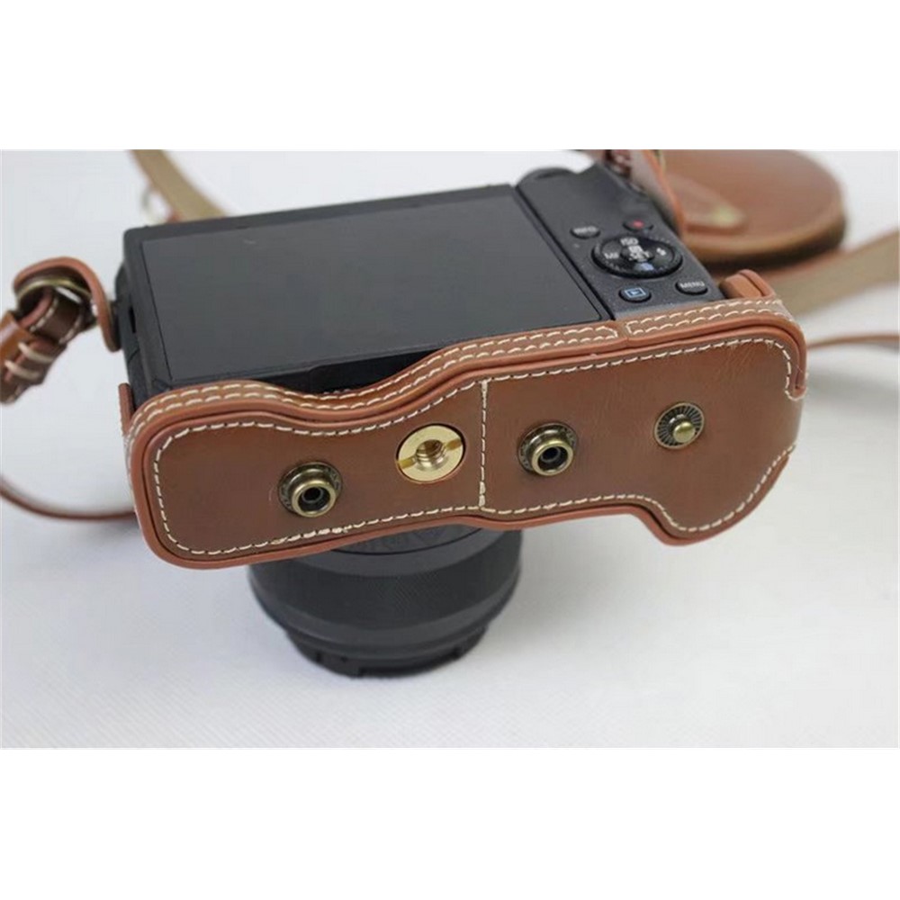 PU Leather Case Bag Protector + Strap + Camera Lens Bag for Canon EOS M6 with 15-45mm Lens - Brown-10