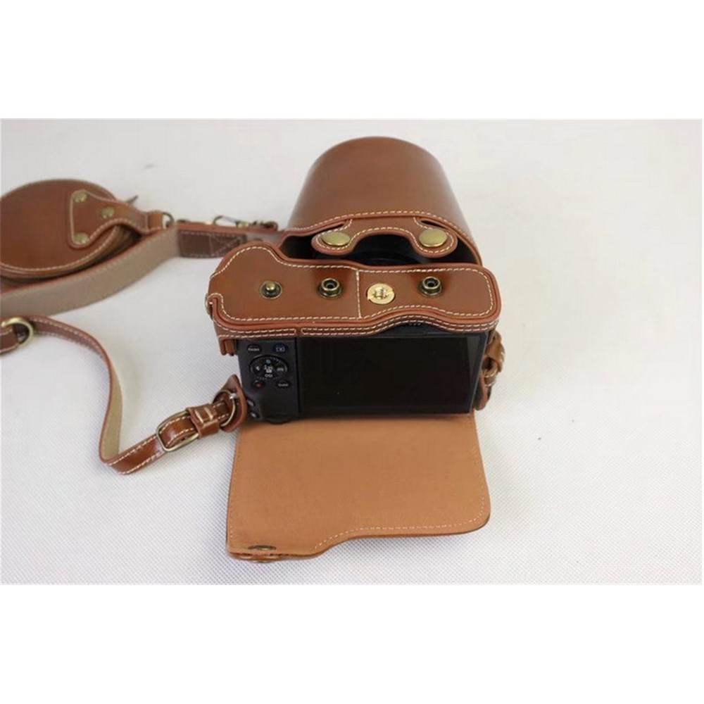 PU Leather Case Bag Protector + Strap + Camera Lens Bag for Canon EOS M6 with 15-45mm Lens - Brown-3