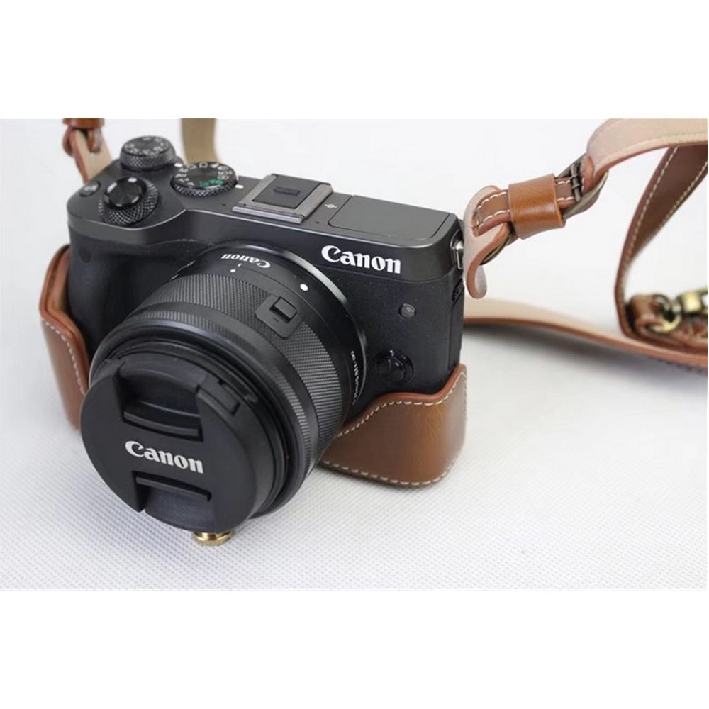 PU Leather Case Bag Protector + Strap + Camera Lens Bag for Canon EOS M6 with 15-45mm Lens - Brown-7