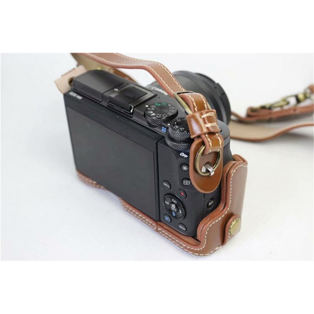 PU Leather Case Bag Protector + Strap + Camera Lens Bag for Canon EOS M6 with 15-45mm Lens - Brown-8
