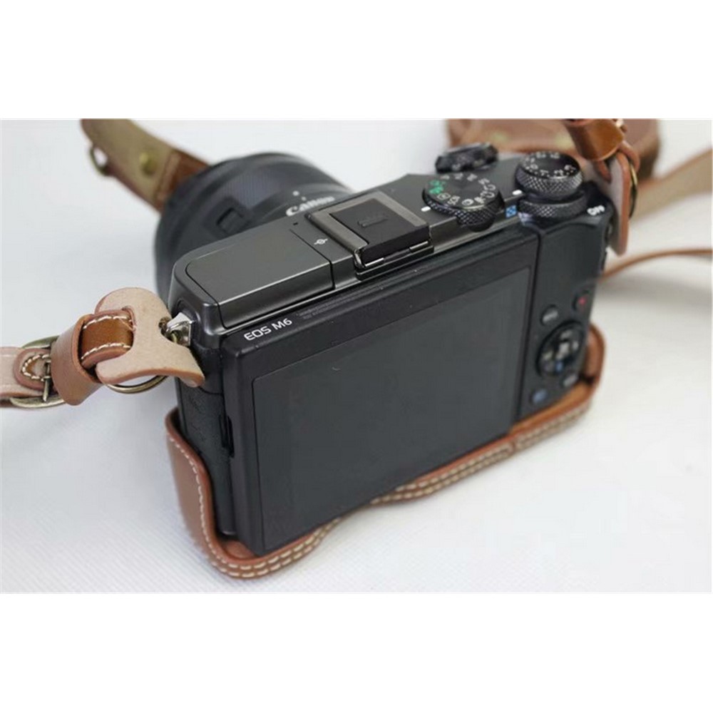 PU Leather Case Bag Protector + Strap + Camera Lens Bag for Canon EOS M6 with 15-45mm Lens - Brown-9