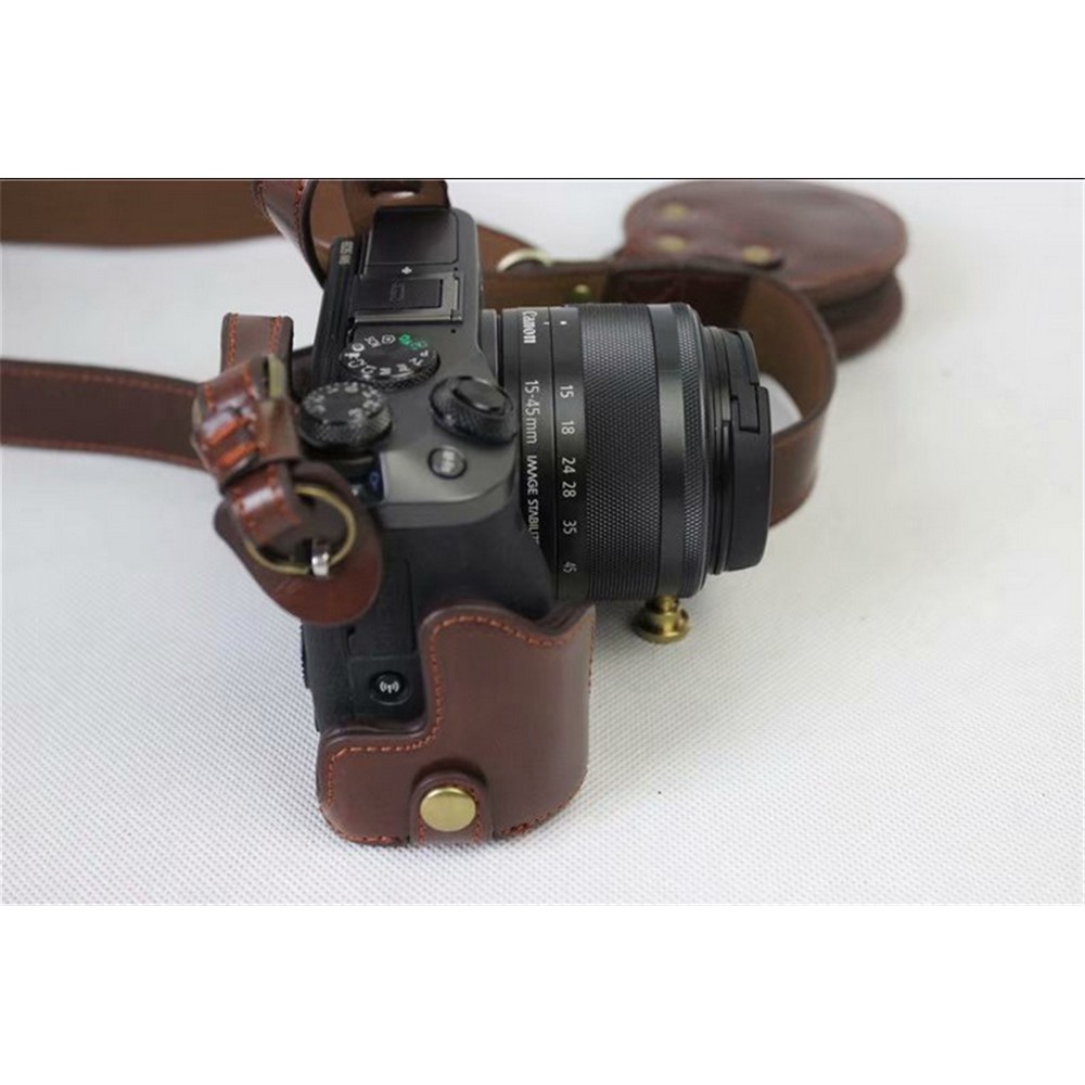 PU Leather Protective Bag Cover + Strap + Camera Lens Bag for Canon EOS M6 with 15-45mm Lens - Coffee-10