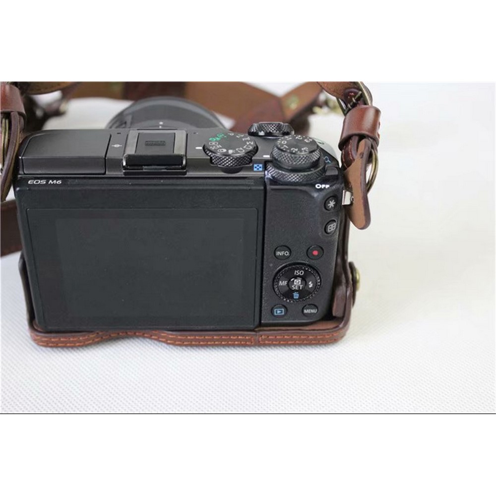 PU Leather Protective Bag Cover + Strap + Camera Lens Bag for Canon EOS M6 with 15-45mm Lens - Coffee-13