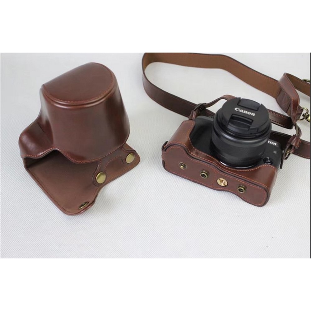 PU Leather Protective Bag Cover + Strap + Camera Lens Bag for Canon EOS M6 with 15-45mm Lens - Coffee-6