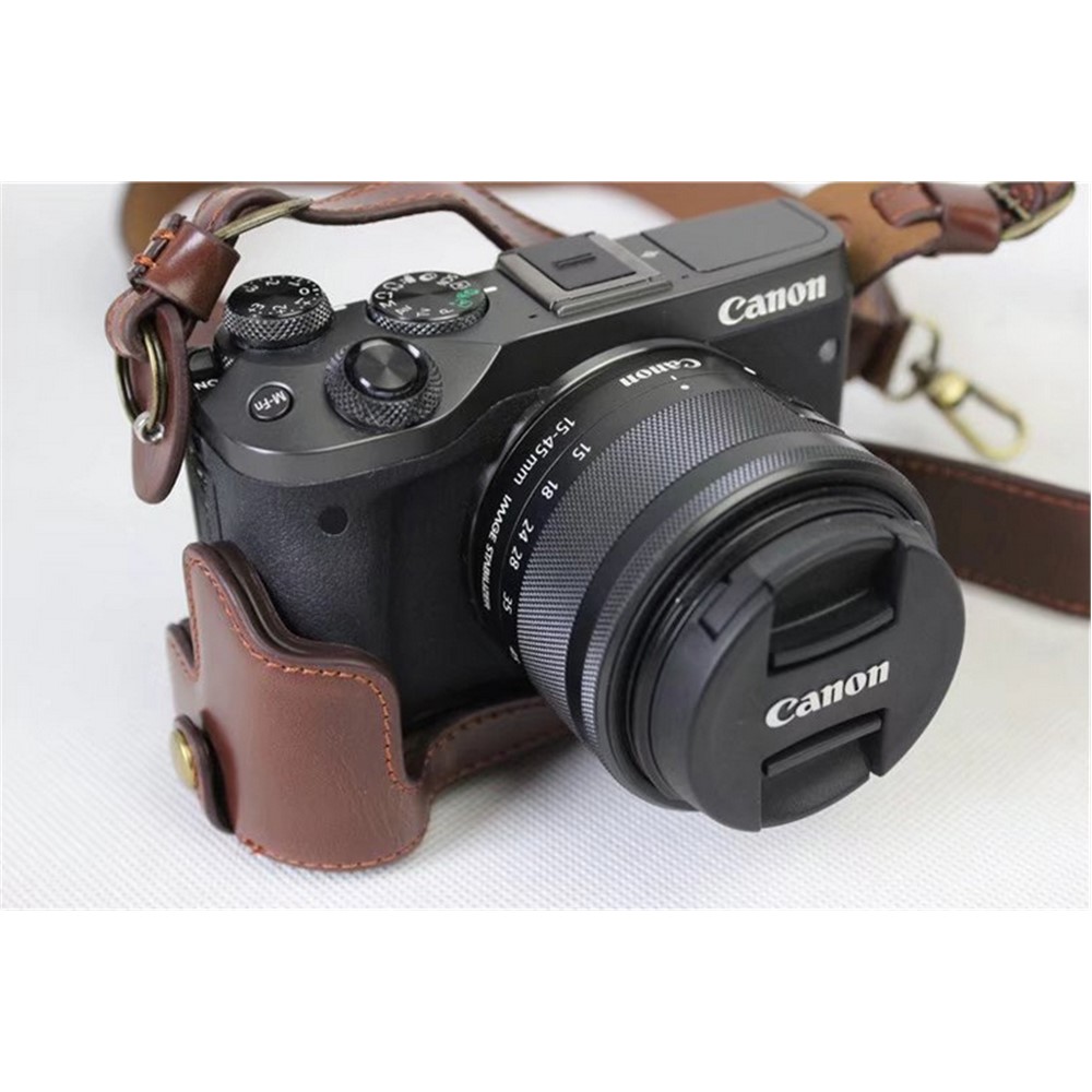 PU Leather Protective Bag Cover + Strap + Camera Lens Bag for Canon EOS M6 with 15-45mm Lens - Coffee-8
