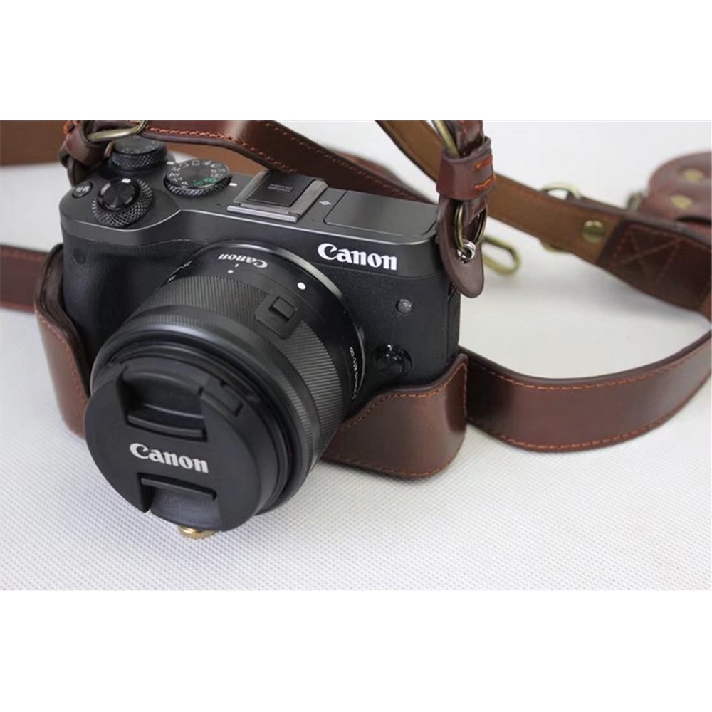 PU Leather Protective Bag Cover + Strap + Camera Lens Bag for Canon EOS M6 with 15-45mm Lens - Coffee-9