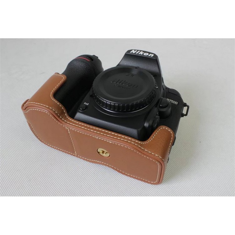Genuine Cowhide Leather Half Bag Cover for Nikon D7500 Digital SLR Camera - Brown-3