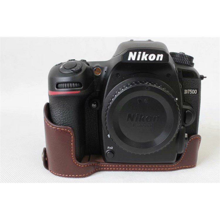 Genuine Cowhide Leather Half Protection Shell Bag for Nikon D7500 Digital SLR Camera - Coffee-2