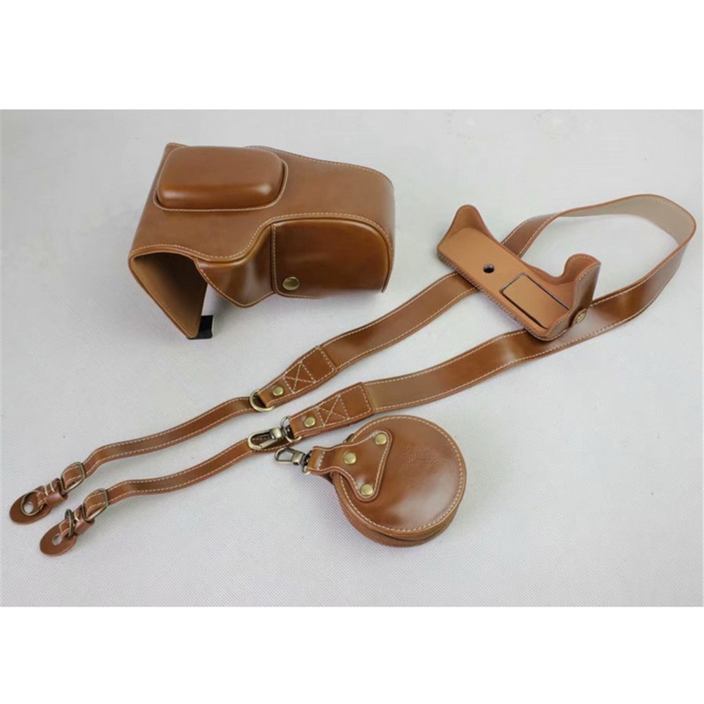 PU Leather Protective Pouch + Strap + Camera Lens Bag for Canon EOS 200D - Brown-1