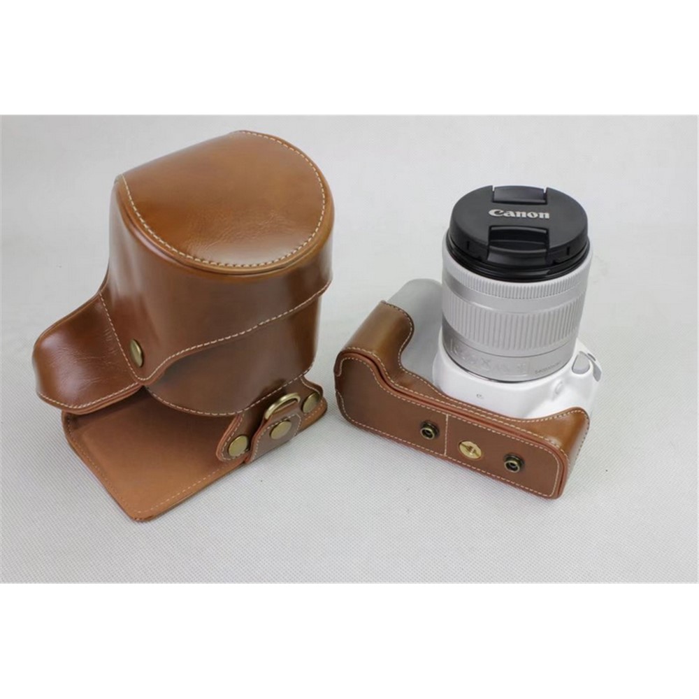 PU Leather Protective Pouch + Strap + Camera Lens Bag for Canon EOS 200D - Brown-3
