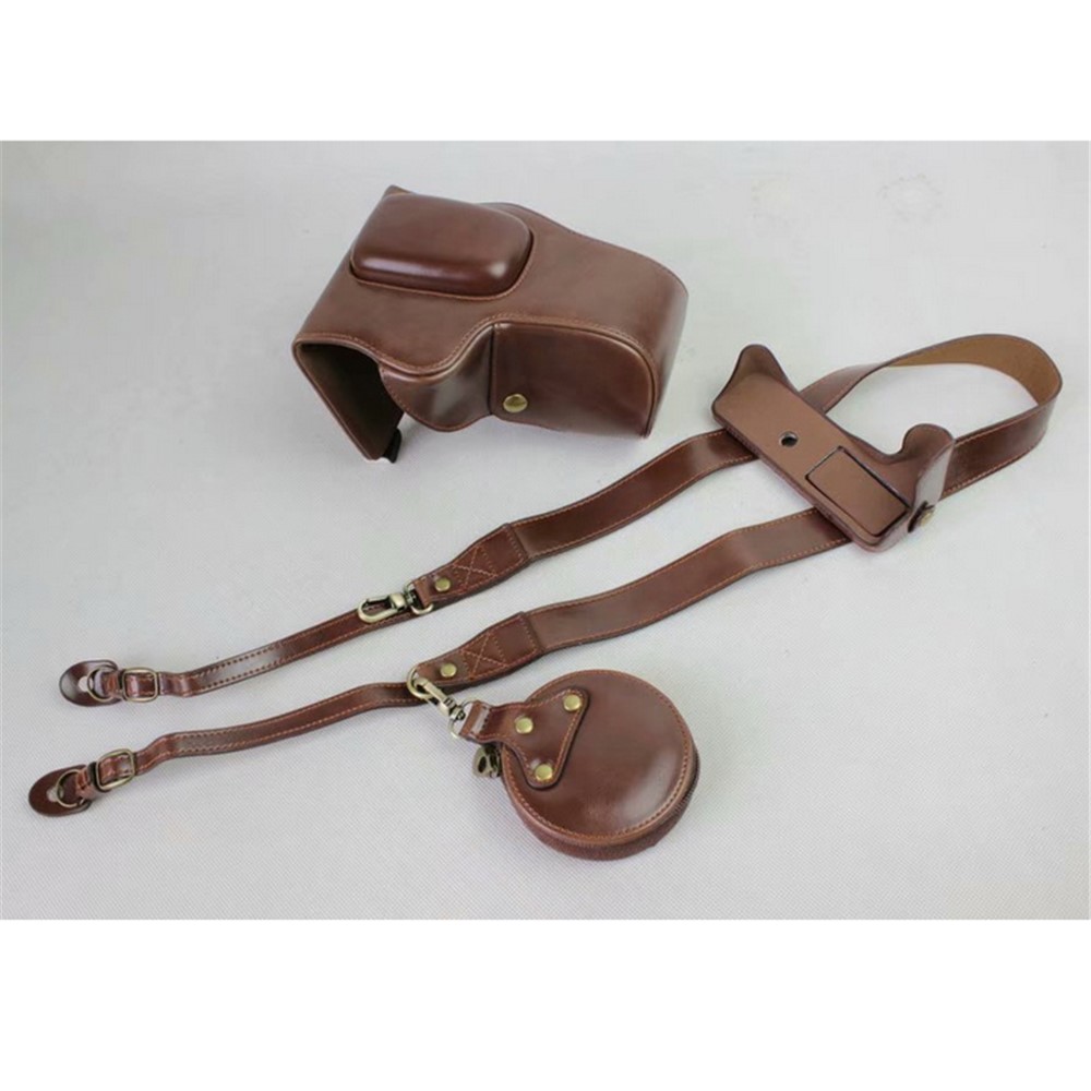 PU Leather Case Bag Protector + Strap + Camera Lens Bag for Canon EOS 200D - Coffee-1