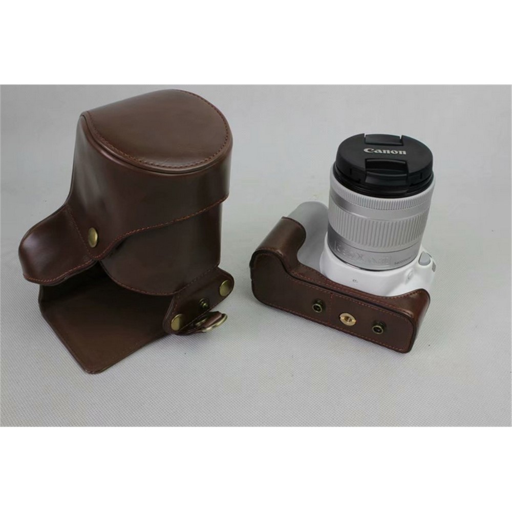 PU Leather Case Bag Protector + Strap + Camera Lens Bag for Canon EOS 200D - Coffee-3