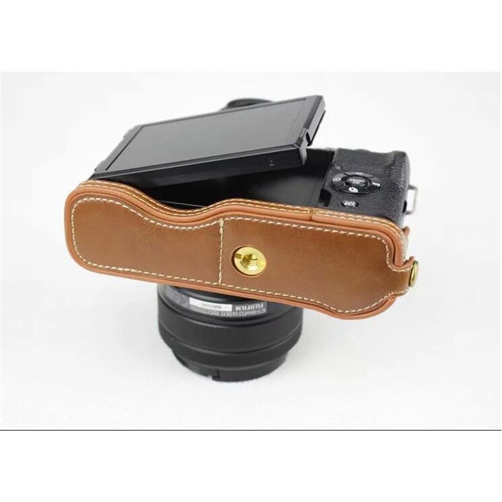 PU Leather Half Bottom Camera Protection Cover Shell for Fujifilm X-T100 - Brown-5