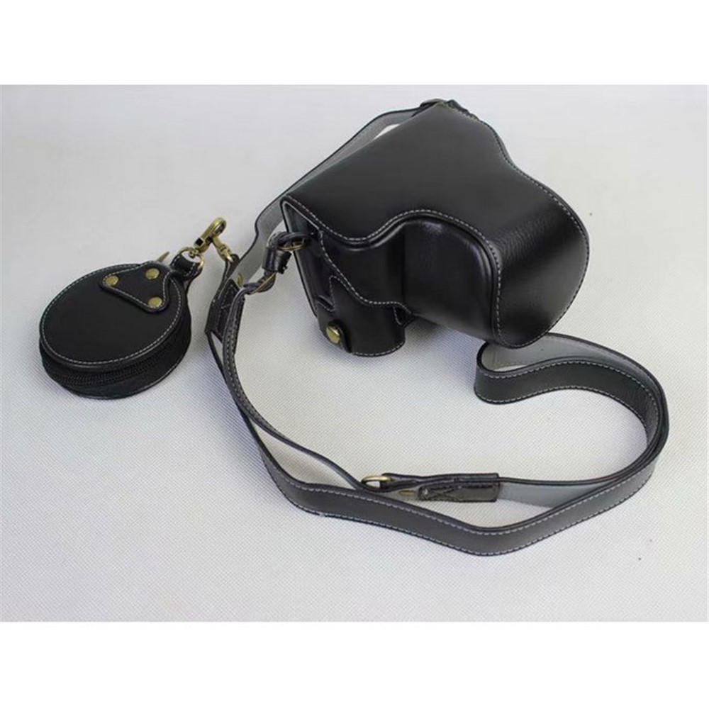 Split Leather Protective Bag + Strap + Camera Lens Bag for Canon EOS M6 (15-45mm) - Black-1