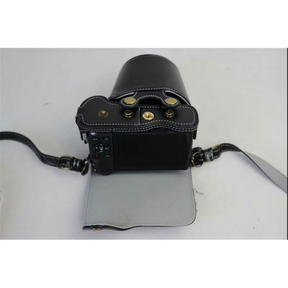 Split Leather Protective Bag + Strap + Camera Lens Bag for Canon EOS M6 (15-45mm) - Black-4