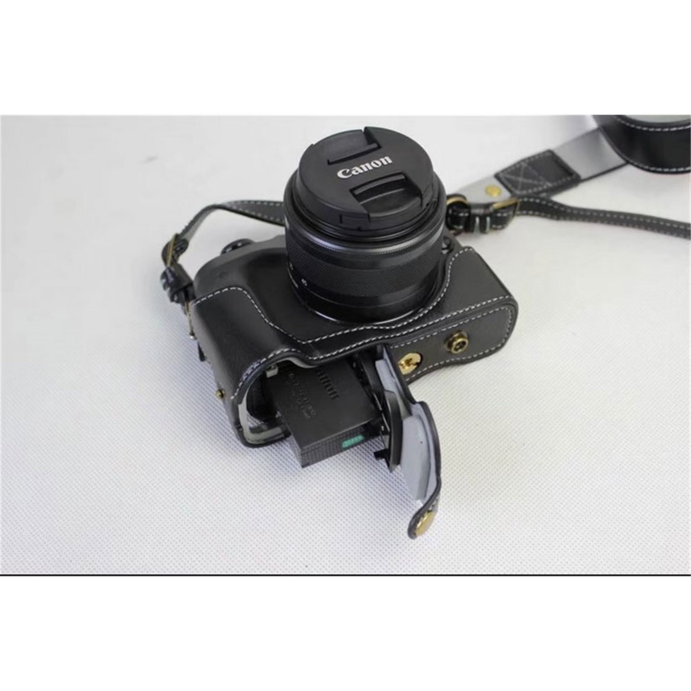 Split Leather Protective Bag + Strap + Camera Lens Bag for Canon EOS M6 (15-45mm) - Black-6