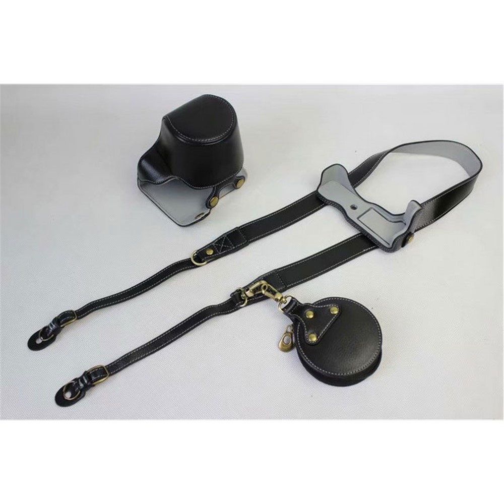 Split Leather Protective Bag + Strap + Camera Lens Bag for Canon EOS M6 (15-45mm) - Black-7
