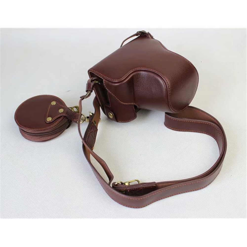 Split Leather Protective Shell + Strap + Camera Lens Bag for Canon EOS M6 (15-45mm) - Coffee-1