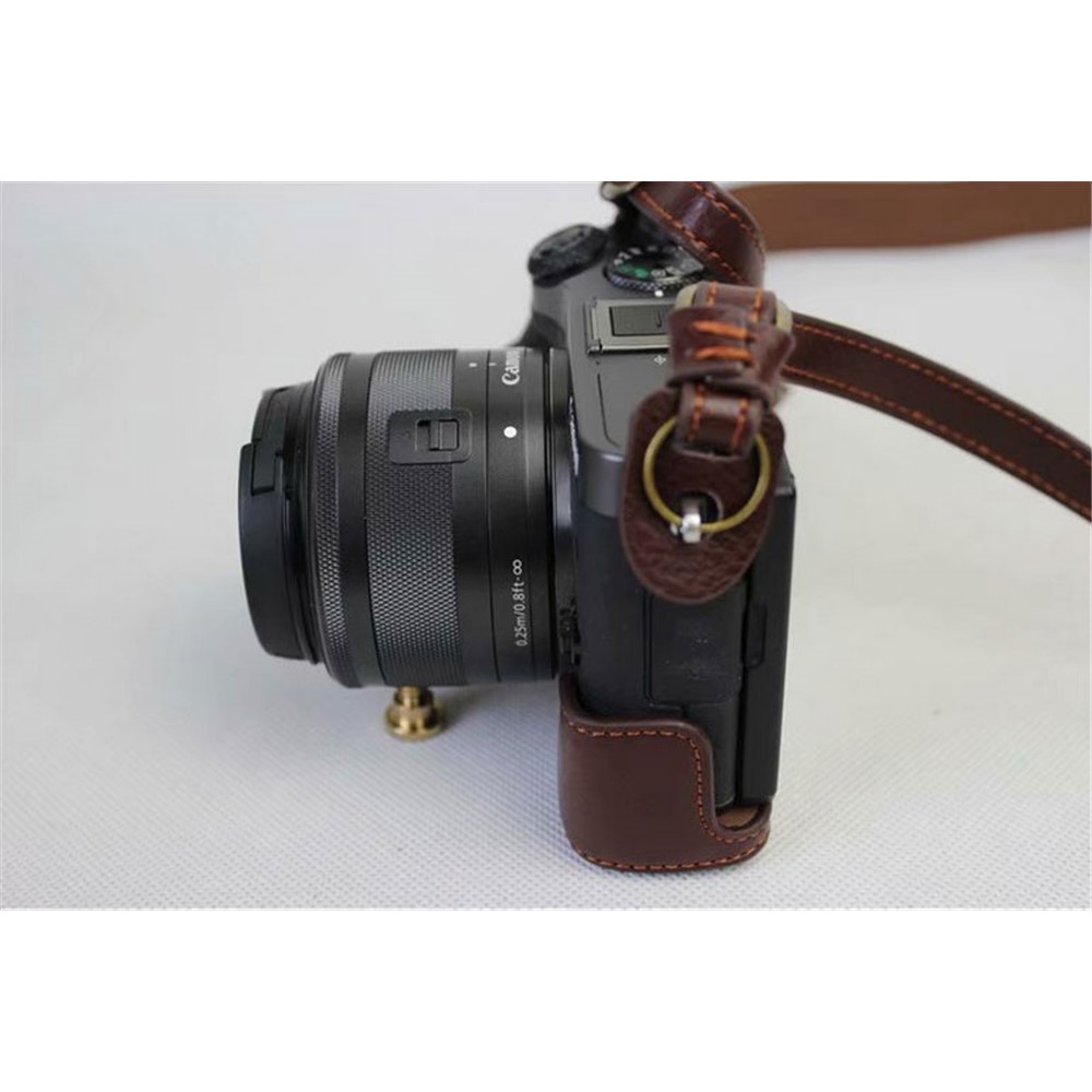 Split Leather Protective Shell + Strap + Camera Lens Bag for Canon EOS M6 (15-45mm) - Coffee-10