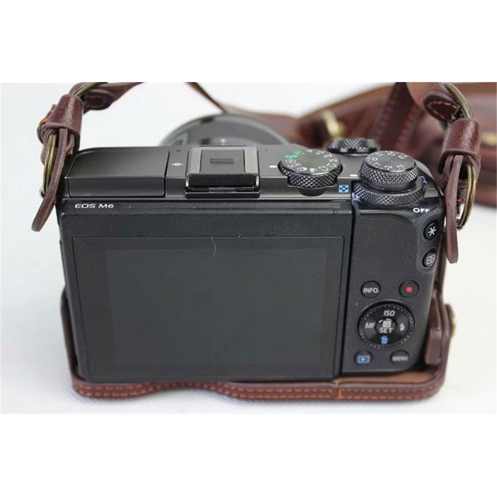 Split Leather Protective Shell + Strap + Camera Lens Bag for Canon EOS M6 (15-45mm) - Coffee-11