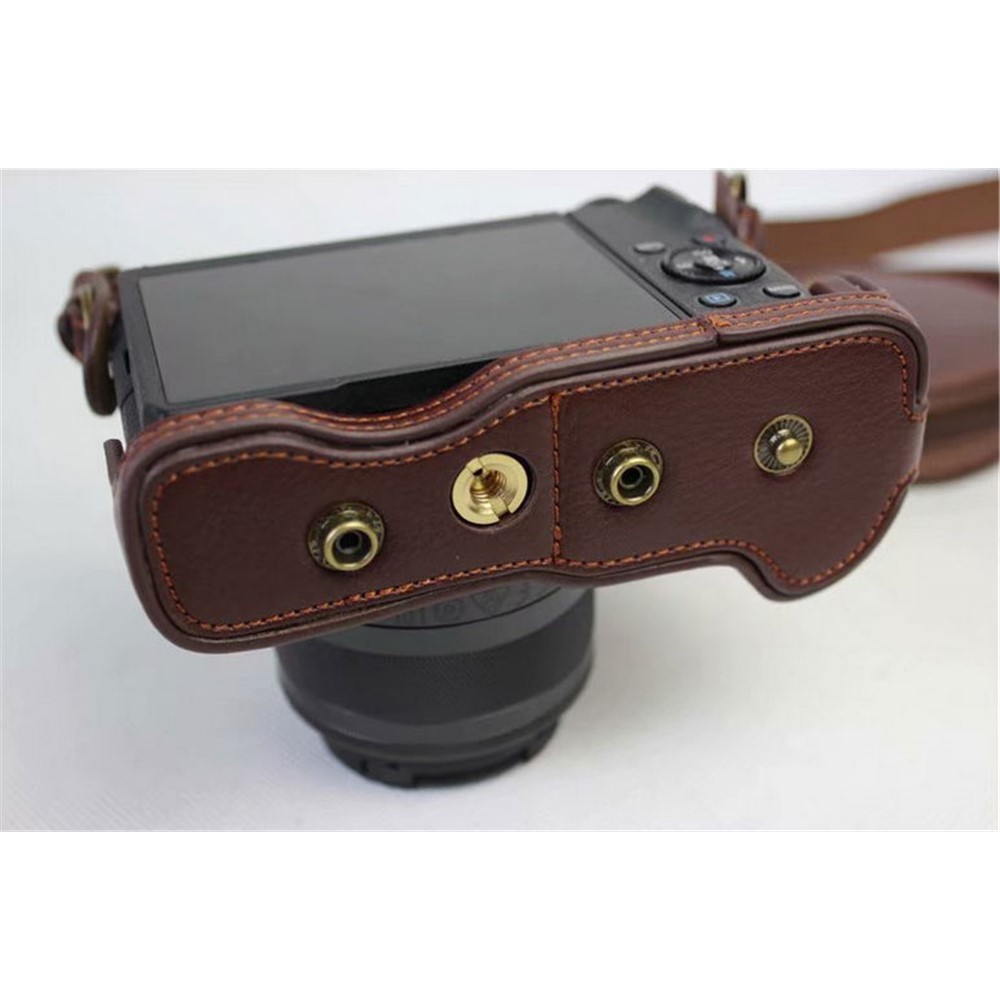 Split Leather Protective Shell + Strap + Camera Lens Bag for Canon EOS M6 (15-45mm) - Coffee-12