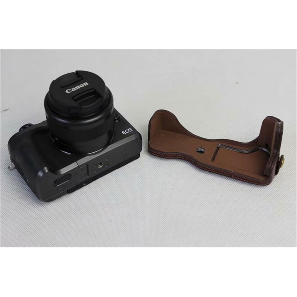 Split Leather Protective Shell + Strap + Camera Lens Bag for Canon EOS M6 (15-45mm) - Coffee-13
