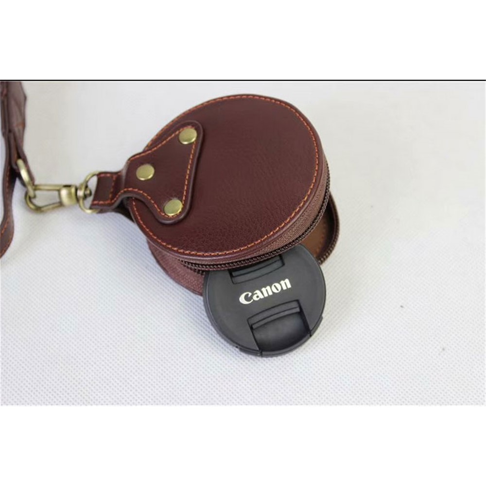 Split Leather Protective Shell + Strap + Camera Lens Bag for Canon EOS M6 (15-45mm) - Coffee-17