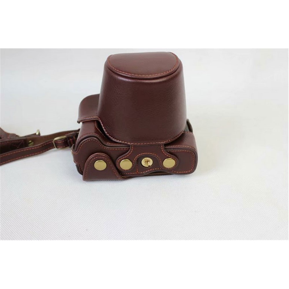 Split Leather Protective Shell + Strap + Camera Lens Bag for Canon EOS M6 (15-45mm) - Coffee-2