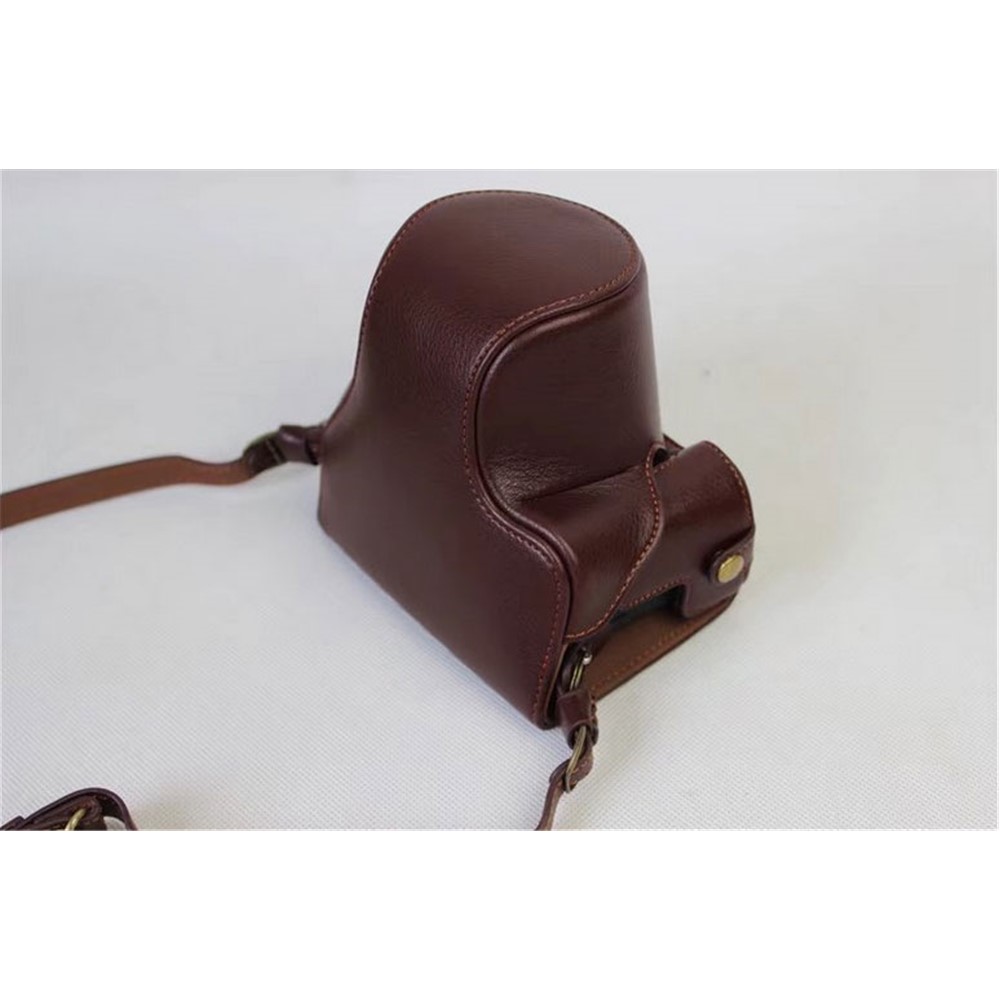 Split Leather Protective Shell + Strap + Camera Lens Bag for Canon EOS M6 (15-45mm) - Coffee-3