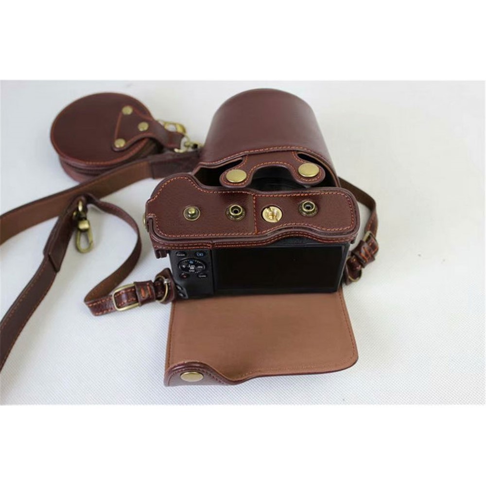 Split Leather Protective Shell + Strap + Camera Lens Bag for Canon EOS M6 (15-45mm) - Coffee-4