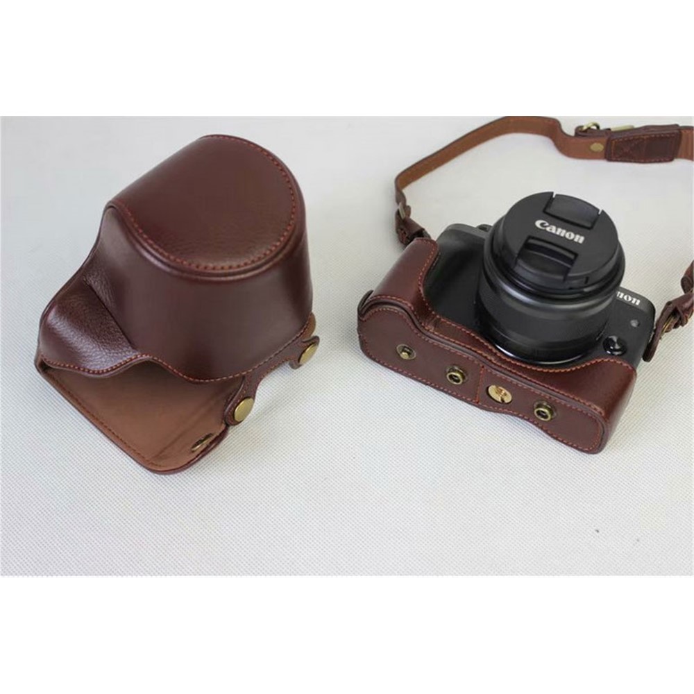 Split Leather Protective Shell + Strap + Camera Lens Bag for Canon EOS M6 (15-45mm) - Coffee-5
