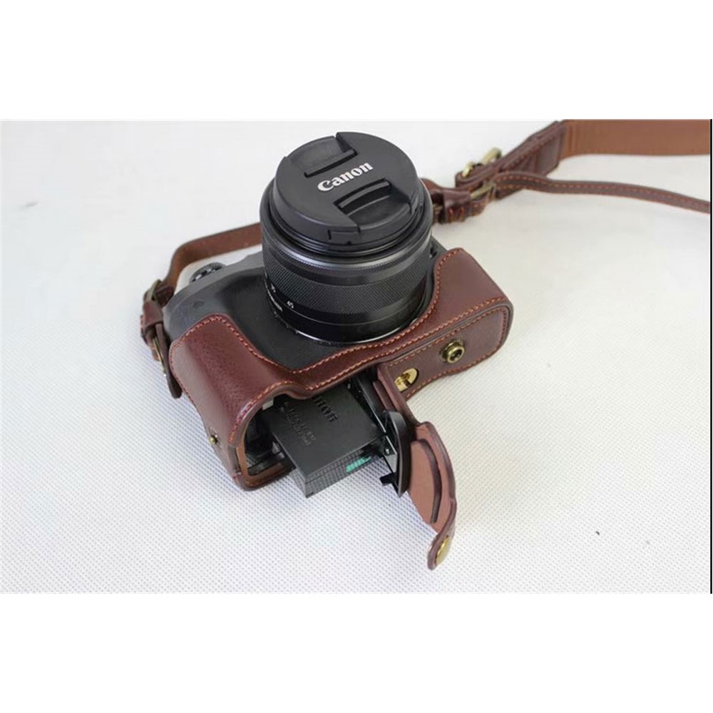 Split Leather Protective Shell + Strap + Camera Lens Bag for Canon EOS M6 (15-45mm) - Coffee-6