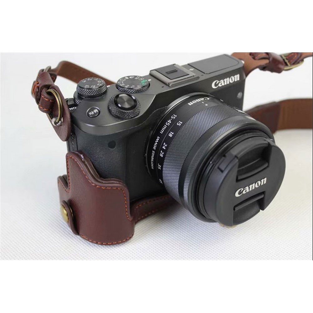 Split Leather Protective Shell + Strap + Camera Lens Bag for Canon EOS M6 (15-45mm) - Coffee-7