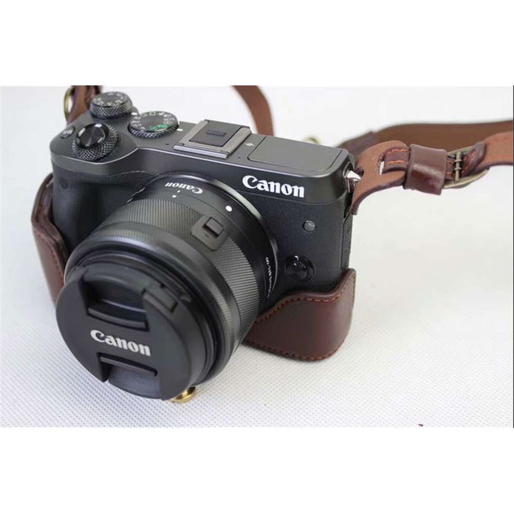 Split Leather Protective Shell + Strap + Camera Lens Bag for Canon EOS M6 (15-45mm) - Coffee-8