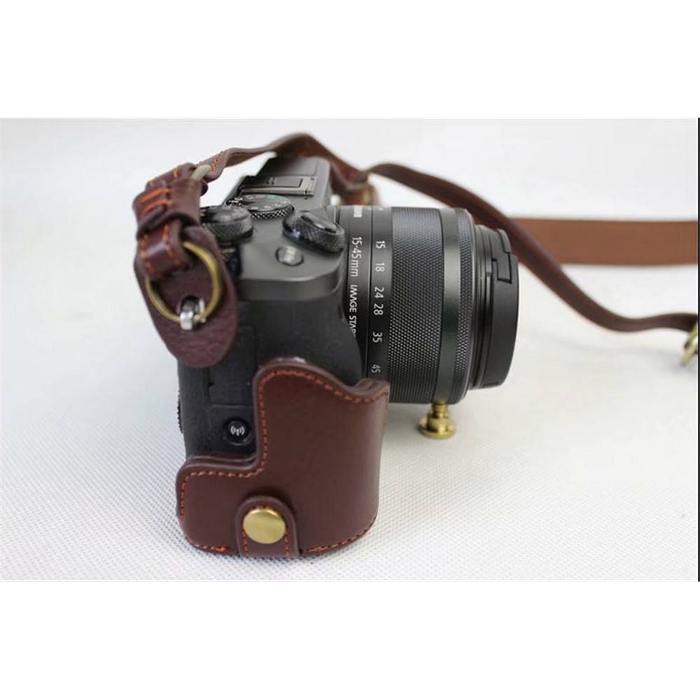 Split Leather Protective Shell + Strap + Camera Lens Bag for Canon EOS M6 (15-45mm) - Coffee-9