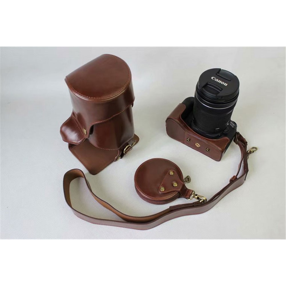 PU Leather Camera Protective Pouch Shell + Strap + Camera Lens Bag for Canon EOS 77D / 800D - Coffee-2