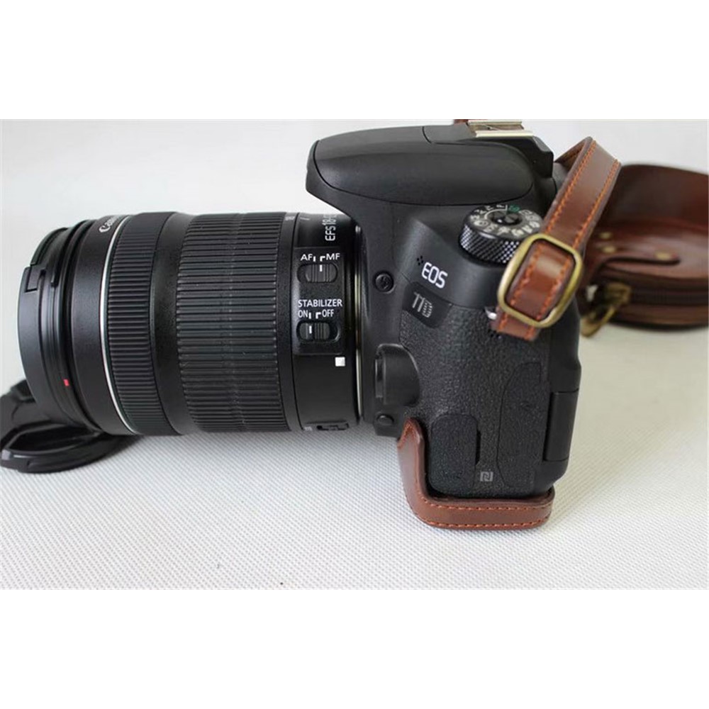 Câmera de Couro PU Câmera de Proteção de Protetora Shell + Strap + Câmera Bolsa de Lens Para Canon EOS 77D / 800d - Café-5