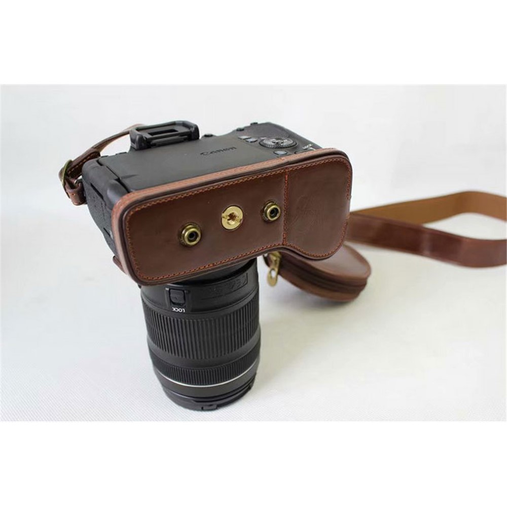 Câmera de Couro PU Câmera de Proteção de Protetora Shell + Strap + Câmera Bolsa de Lens Para Canon EOS 77D / 800d - Café-6