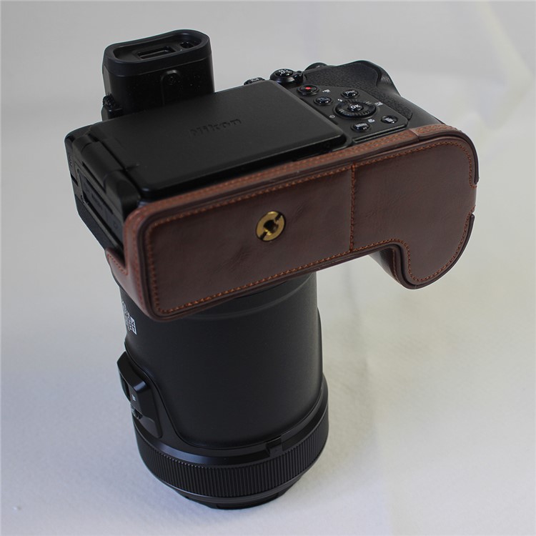 Bottom Opening PU Leather Half Camera Case with Strap for Nikon Coolpix P1000 - Coffee-10
