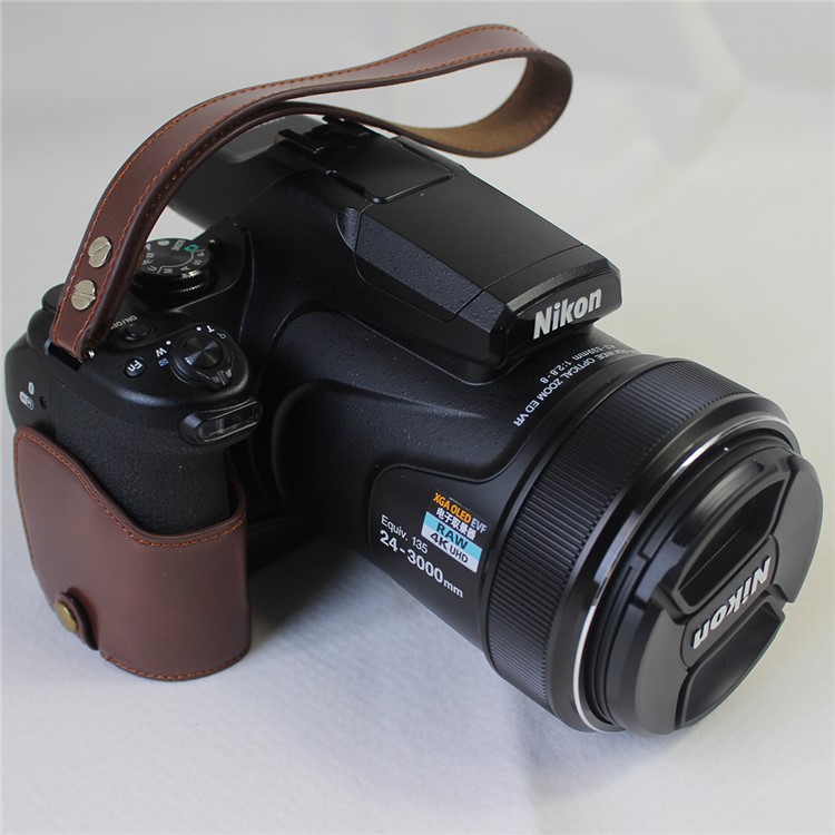 Bottom Opening PU Leather Half Camera Case with Strap for Nikon Coolpix P1000 - Coffee-2