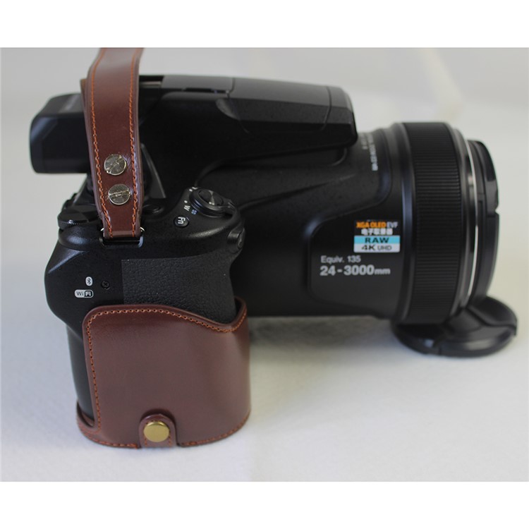 Bottom Opening PU Leather Half Camera Case with Strap for Nikon Coolpix P1000 - Coffee-7