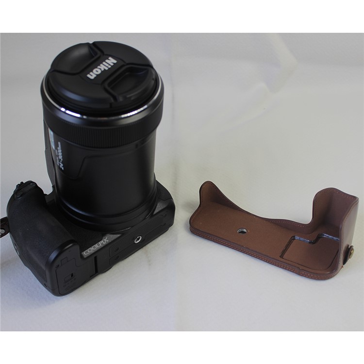 Bottom Opening PU Leather Half Camera Case with Strap for Nikon Coolpix P1000 - Coffee-9
