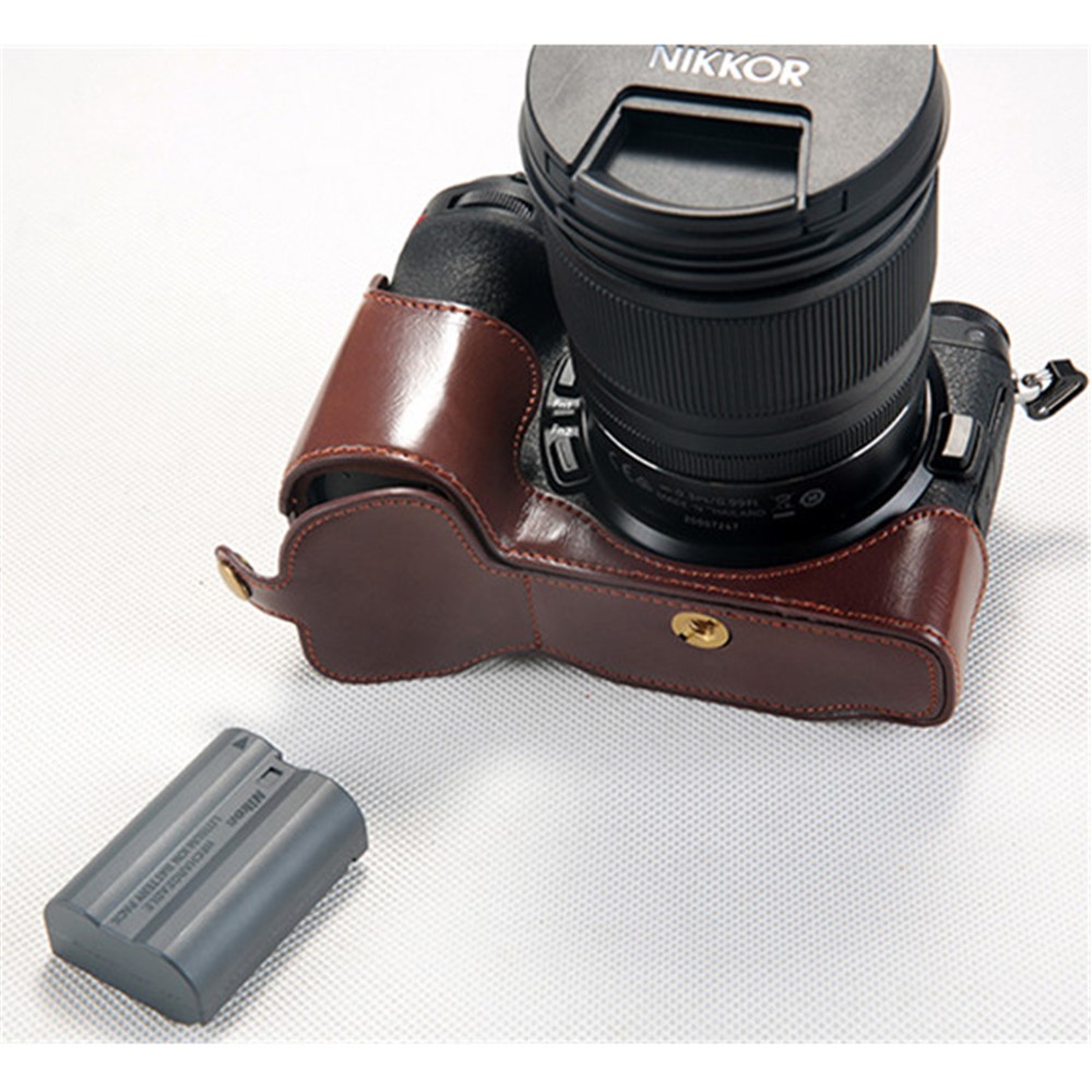 Bottom Opening PU Leather Half Camera Case with Strap for Nikon Z7 Camera - Coffee-11
