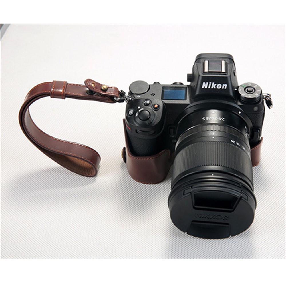 Bottom Opening PU Leather Half Camera Case with Strap for Nikon Z7 Camera - Coffee-2