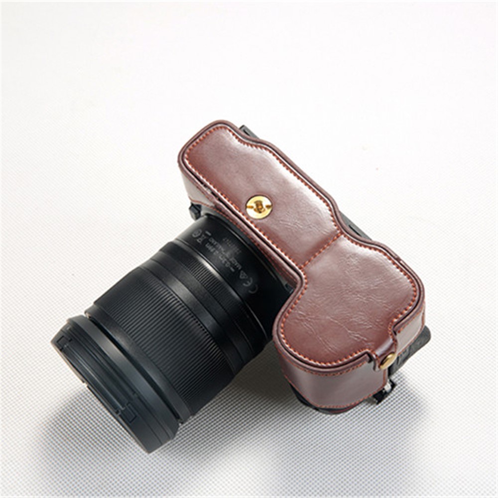 Bottom Opening PU Leather Half Camera Case with Strap for Nikon Z7 Camera - Coffee-4