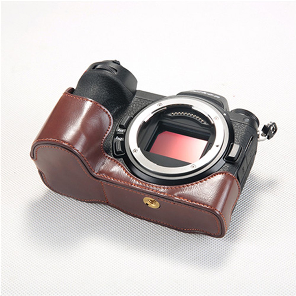 Bottom Opening PU Leather Half Camera Case with Strap for Nikon Z7 Camera - Coffee-5