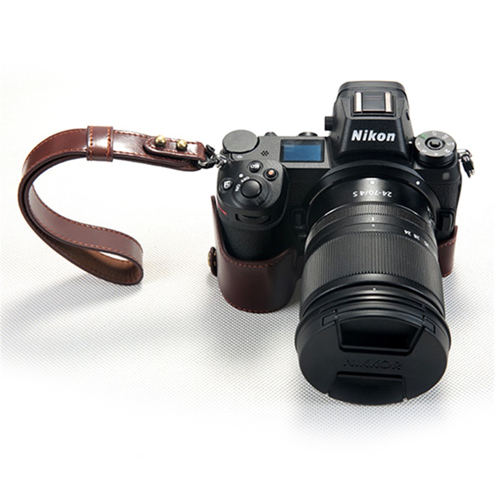 For Nikon Z7 Genuine Leather Half Bottom Camera Protection Case with Strap - Brown-1